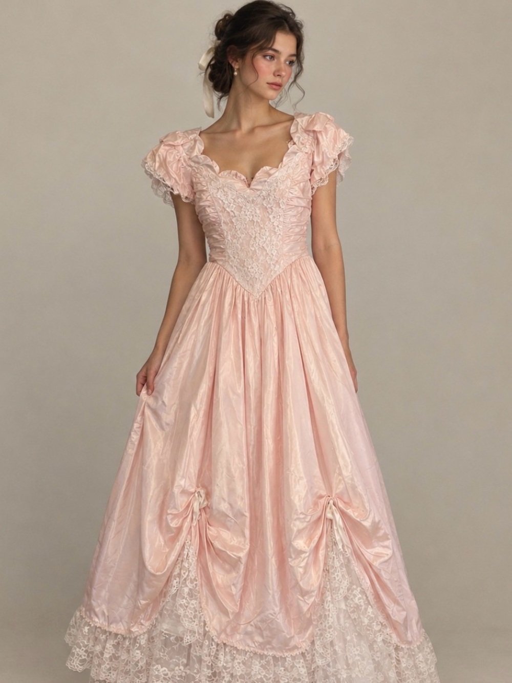 Rare Vintage 80s ZumZum Pink Ruffle Lace Pickups Princess Gown Dress Sz Small